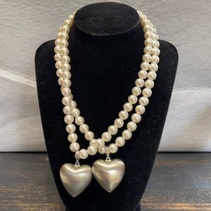 TWO faux pearl necklaces with silver tone puffy heart pendants. 17” each
